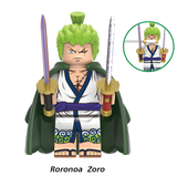 Load image into Gallery viewer, Roronoa Zoro Wano outfit custom brick minifigure from One Piece, with green hair, a green cloak and two swords.