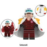 Load image into Gallery viewer, Sakazuki (Akainu) custom brick minifigure from One Piece, with a Marine cap, red suit and alternate magma-effect inset.