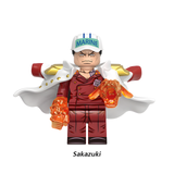 Load image into Gallery viewer, Sakazuki (Akainu) custom brick minifigure from One Piece, with a Marine cap, red suit and magma-colored hand effects.