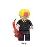Load image into Gallery viewer, Sanji custom brick minifigure from One Piece, with blond hair, a black suit and red flame leg effect.