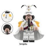 Load image into Gallery viewer, Sengoku custom brick minifigure from One Piece, with a Marine cap, white coat and alternate hairstyle inset.