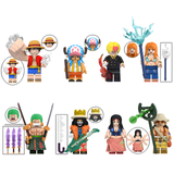 Load image into Gallery viewer, One Piece Straw Hat crew custom figures with close-up accessory insets, including Luffy, Zoro, Nami, Robin, Sanji, Brook, Usopp and Chopper.