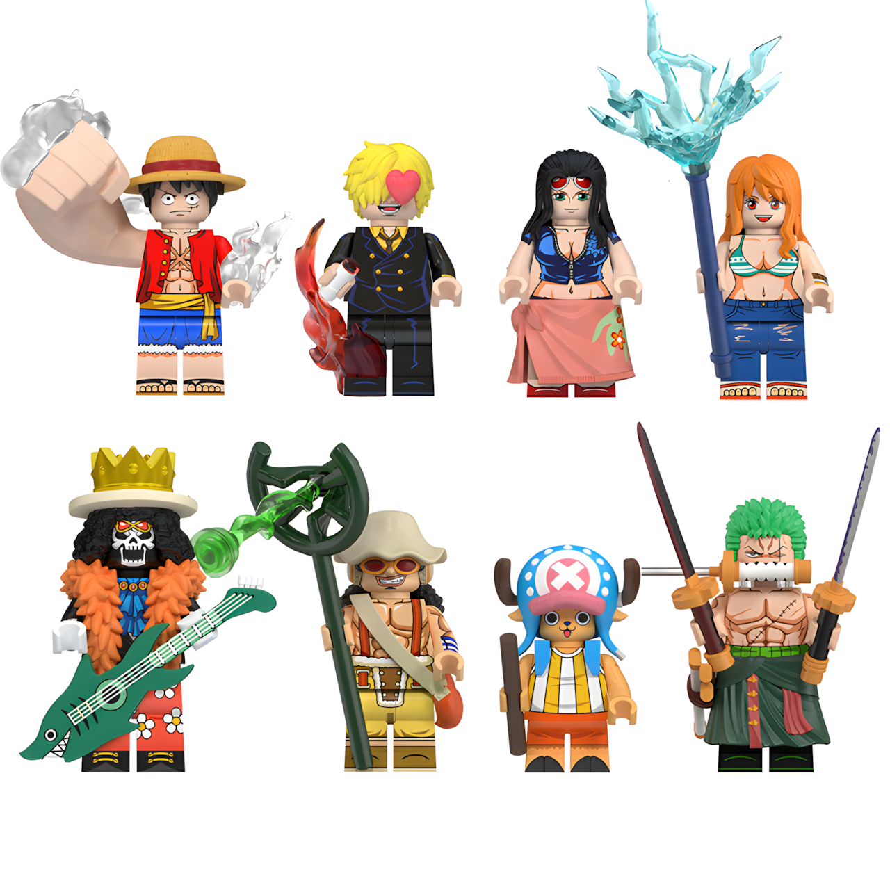 LEGO-compatible One Piece custom minifigure set showing eight Straw Hat crew characters with accessories.