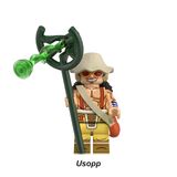 Load image into Gallery viewer, Usopp custom brick minifigure from One Piece, with a pale hat and large green slingshot.