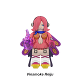 Load image into Gallery viewer, Vinsmoke Reiju custom brick minifigure from One Piece, with pink hair, patterned cape and purple effect pieces.