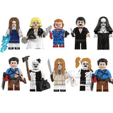 Load image into Gallery viewer, Scary Horror Movie Minifigures Series 4 10-piece custom brick set featuring Art the Clown, M3GAN, Valak, and Ash Williams for Halloween builds.