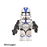 Load image into Gallery viewer, 501st Legion Clone Trooper custom brick minifigure from Star Wars, with blue-and-white armor and toy blaster.