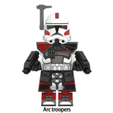 Load image into Gallery viewer, ARC Trooper custom brick minifigure from Star Wars, with red-and-gray armor, a helmet rangefinder and toy blaster.