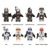 Load image into Gallery viewer, LEGO-compatible Star Wars custom minifigure set showing Bad Batch characters alongside Captain Rex, Cody, Jesse and a 332nd Company trooper.