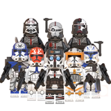 Load image into Gallery viewer, Star Wars Bad Batch and clone trooper custom figures arranged in a group display, including Hunter, Wrecker, Tech, Crosshair, Rex and Cody.