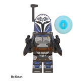 Load image into Gallery viewer, Bo-Katan Kryze custom brick minifigure from Star Wars, with a blue owl-marked Mandalorian helmet and blue shield effect.