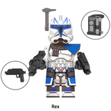 Load image into Gallery viewer, Captain Rex custom brick minifigure from Star Wars, with blue-and-white armor, a helmet rangefinder and toy blaster.