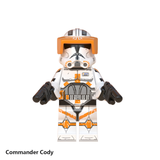 Load image into Gallery viewer, Commander Cody custom brick minifigure from Star Wars, with orange-marked clone armor and a helmet visor.