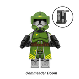 Load image into Gallery viewer, Commander Doom custom brick minifigure from Star Wars, with green clone armor, gray shoulder panels and helmet detail inset.