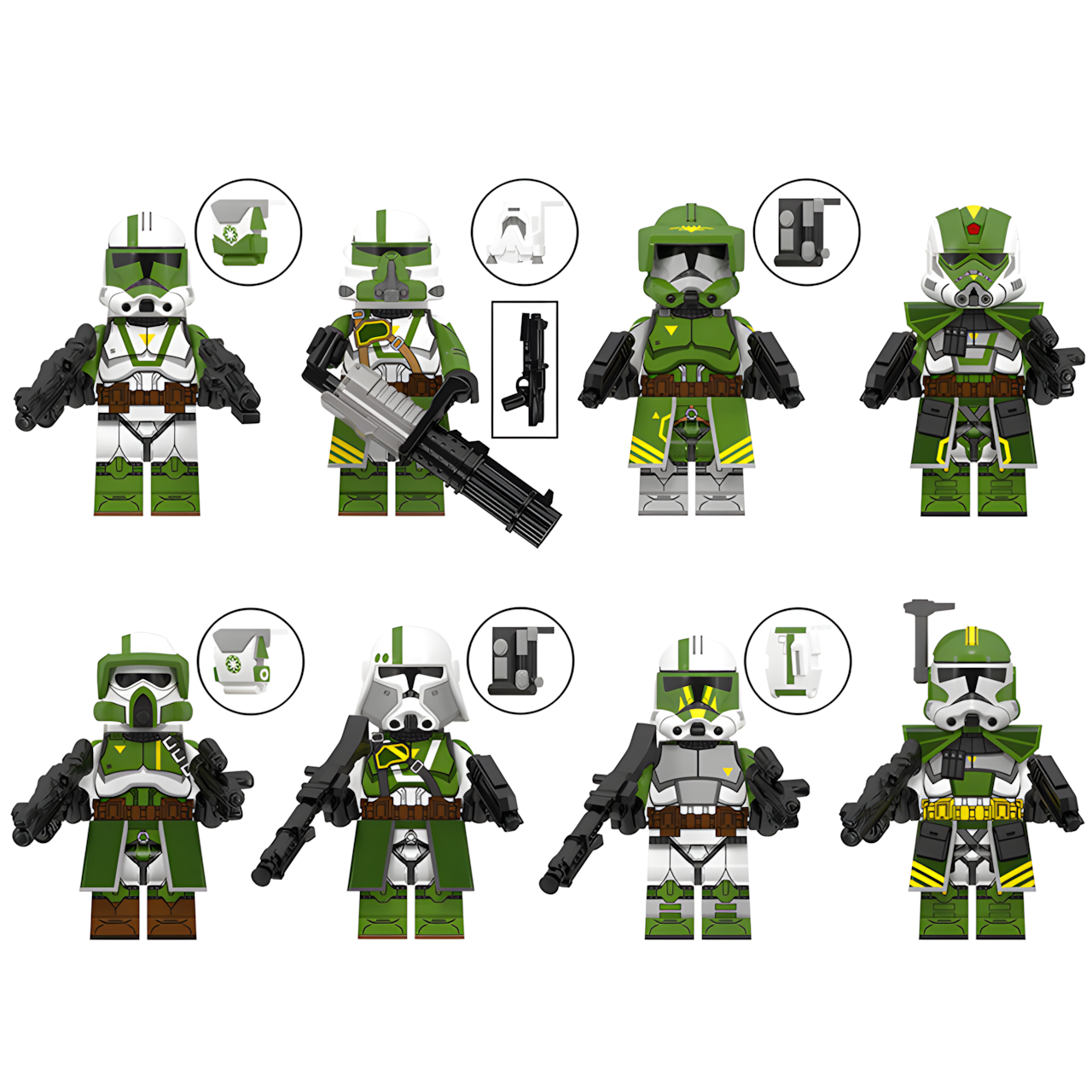 LEGO-compatible Star Wars custom minifigure set featuring Commander Doom and seven green-armored Doomsday Trooper variants.