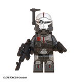 Load image into Gallery viewer, Crosshair custom brick minifigure from Star Wars, with a targeting-mark helmet and long toy sniper rifle.