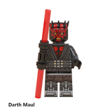 Load image into Gallery viewer, Darth Maul custom brick minifigure from Star Wars, with a red-and-black horned head and red lightsaber.