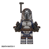 Load image into Gallery viewer, Death Watch Mandalorian 1 custom brick minifigure from Star Wars, with a gray helmet, white forehead marking and rangefinder.