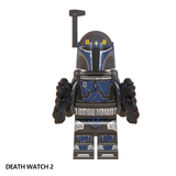 Load image into Gallery viewer, Death Watch Mandalorian 2 custom brick minifigure from Star Wars, with a dark blue helmet, gold visor markings and rangefinder.