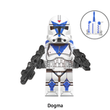 Load image into Gallery viewer, Dogma custom brick minifigure from Star Wars, with blue-and-white 501st armor and a red helmet marking.