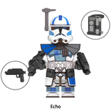 Load image into Gallery viewer, Echo 501st Legion custom brick minifigure from Star Wars, with blue-and-white armor, a helmet rangefinder and toy blaster.