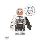 Load image into Gallery viewer, Echo cybernetic-arm variant custom brick minifigure from Star Wars, with blue-and-white clone armor, cybernetic arm and helmet inset.