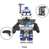 Load image into Gallery viewer, Fives custom brick minifigure from Star Wars, with blue-and-white armor, red helmet markings and toy blaster.