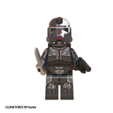 Load image into Gallery viewer, Hunter custom brick minifigure from Star Wars, with dark red-and-black armor and knife accessory.