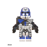 Load image into Gallery viewer, Jesse custom brick minifigure from Star Wars, with blue-marked clone armor and detailed helmet emblem.