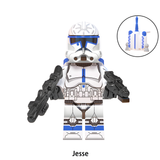 Load image into Gallery viewer, Jesse custom brick minifigure from Star Wars, with blue-and-white armor and detailed helmet markings.