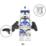 Load image into Gallery viewer, Kix custom brick minifigure from Star Wars, with blue-and-white armor and a medical helmet insignia inset.