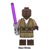 Load image into Gallery viewer, Mace Windu custom brick minifigure from Star Wars, with tan Jedi robes and purple lightsaber.