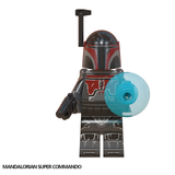 Load image into Gallery viewer, Mandalorian Super Commando custom brick minifigure from Star Wars, with red-and-black armor, helmet rangefinder and blue shield effect.