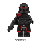 Load image into Gallery viewer, Purge Trooper custom brick minifigure from Star Wars, with black armor, red trim and toy blaster.