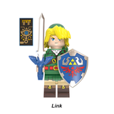 Load image into Gallery viewer, Link custom brick minifigure from The Legend of Zelda, wearing a bright-green tunic with a sword and blue Hylian shield.
