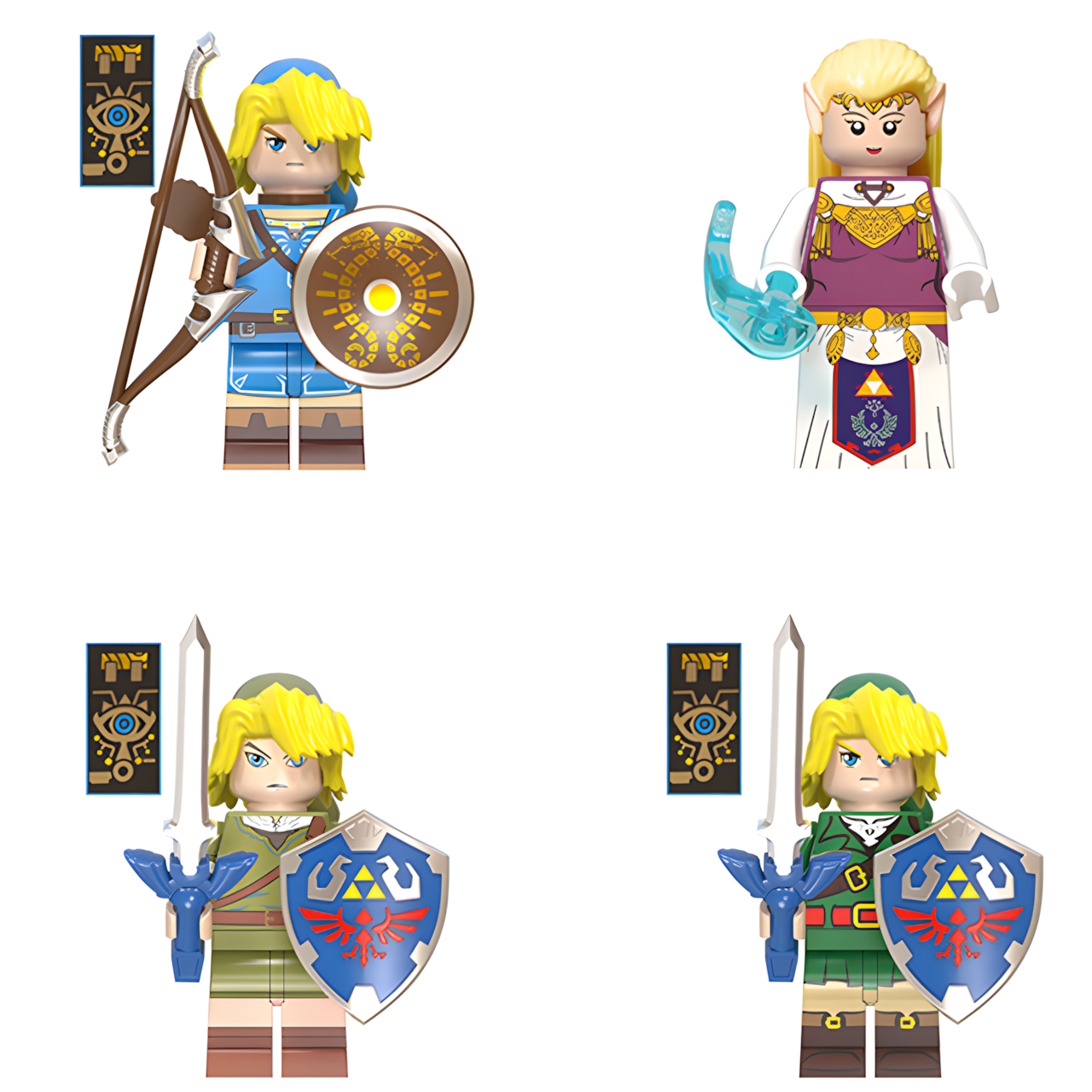 LEGO-compatible Legend of Zelda group image showing Link in blue, olive-green and bright-green tunics alongside Princess Zelda.