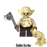 Load image into Gallery viewer, Goblin Scribe brown-trouser variant custom brick minifigure from The Lord of the Rings, with pale skin, a gray axe and small Gollum accessory.