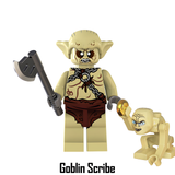 Load image into Gallery viewer, Goblin Scribe loincloth variant custom brick minifigure from The Lord of the Rings, with pale skin, a gray axe and small Gollum accessory.