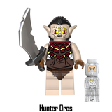 Load image into Gallery viewer, Hunter Orc custom brick minifigure from The Lord of the Rings, with dark hair, red-and-black armor and curved blade.