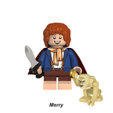 Load image into Gallery viewer, Merry Brandybuck custom brick minifigure from The Lord of the Rings, with reddish hair, a blue coat, small sword and Gollum accessory.
