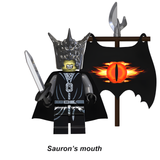 Load image into Gallery viewer, Mouth of Sauron custom brick minifigure from The Lord of the Rings, with a black spiked helmet, sword and Eye of Sauron banner.