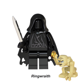 Load image into Gallery viewer, Ringwraith custom brick minifigure from The Lord of the Rings, with a black hood, dark cape, sword and Gollum accessory.