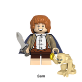 Load image into Gallery viewer, Samwise Gamgee custom brick minifigure from The Lord of the Rings, with brown hair, a gray cloak, small sword and Gollum accessory.