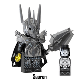 Load image into Gallery viewer, Sauron custom brick minifigure from The Lord of the Rings, with a spiked helmet, dark armor, gold ring and large mace.