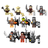 Load image into Gallery viewer, LEGO-compatible The Lord of the Rings custom minifigure set featuring Sauron, Goblin Scribes, Orcs and Uruk-hai warriors with weapons and banners.