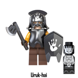 Load image into Gallery viewer, Uruk-hai axe-and-shield variant custom brick minifigure from The Lord of the Rings, with a white-hand helmet, gray axe and black shield.