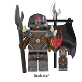 Load image into Gallery viewer, Uruk-hai helmeted standard bearer custom brick minifigure from The Lord of the Rings, with a sword, polearm and black banner.