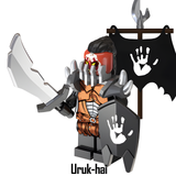 Load image into Gallery viewer, Uruk-hai orange-torso standard bearer custom brick minifigure from The Lord of the Rings, with black armor, a curved blade and white-hand banner.