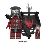 Load image into Gallery viewer, Uruk-hai red-armored standard bearer custom brick minifigure from The Lord of the Rings, with a black helmet, polearm and black banner.