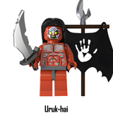 Load image into Gallery viewer, Uruk-hai red-bodied standard bearer custom brick minifigure from The Lord of the Rings, with dark hair, curved blade and white-hand banner.